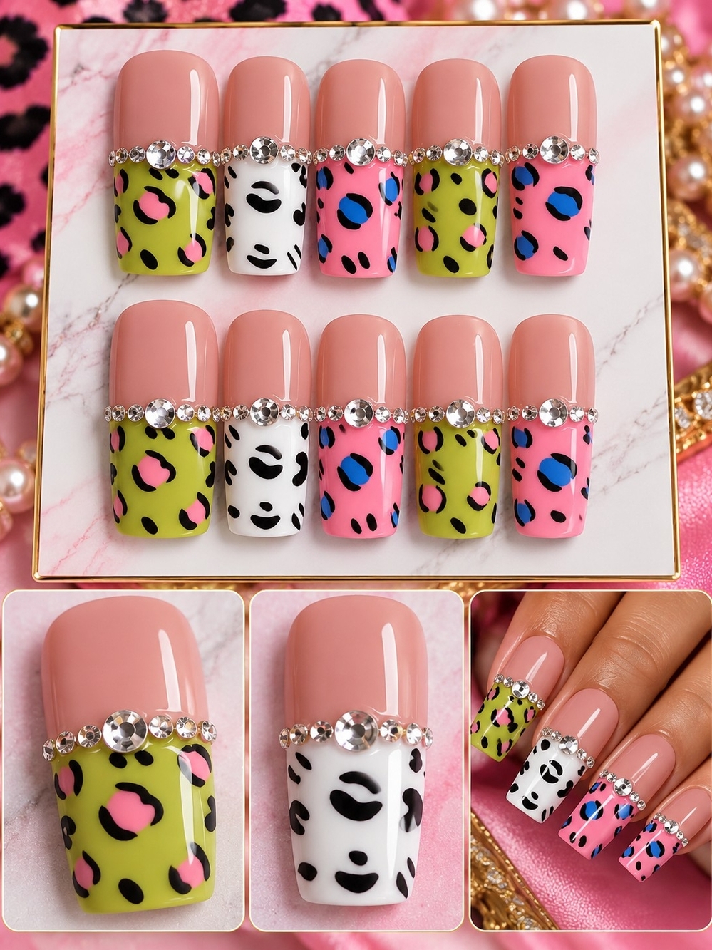 Colorful Leopard Rhinestone Press-On Nails – Size Medium